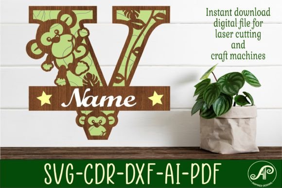 Monkey Capital Monogram Letter V SVG for Laser Cut Signs