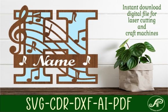 Music Monogram Letter H SVG Cut File for Laser Crafting